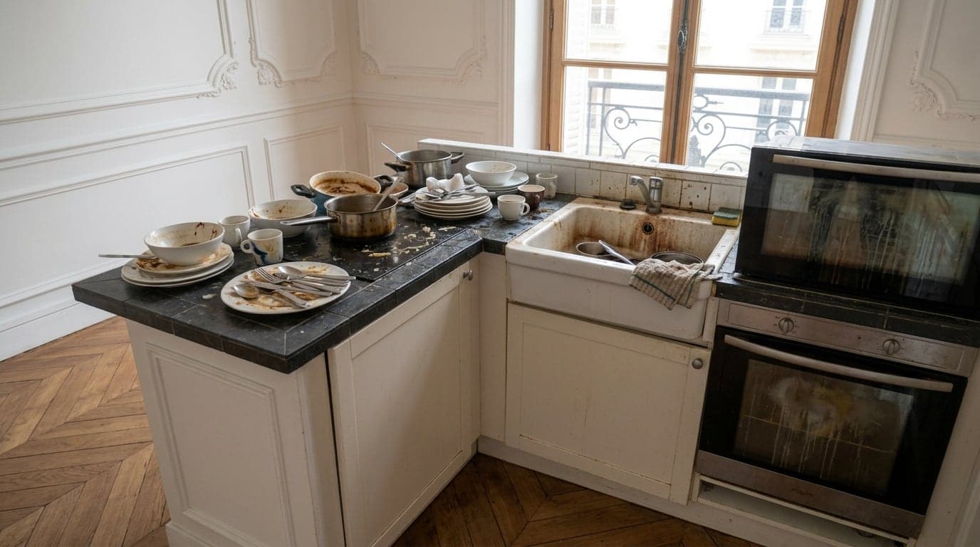 La même cuisine encombrée de vaisselle sale avant intervention
