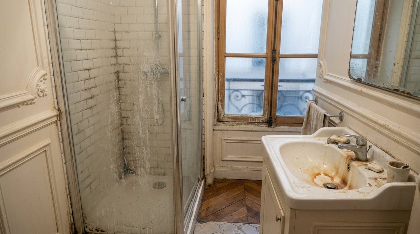 La même salle de bains entartrée et voilée avant intervention