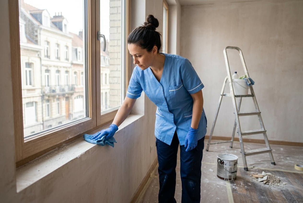 Intervenante essuyant une menuiserie dans un appartement en fin de travaux